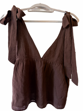 Zara NWT V neck brown crop top prominent bow tie shoulder straps.  M lined.